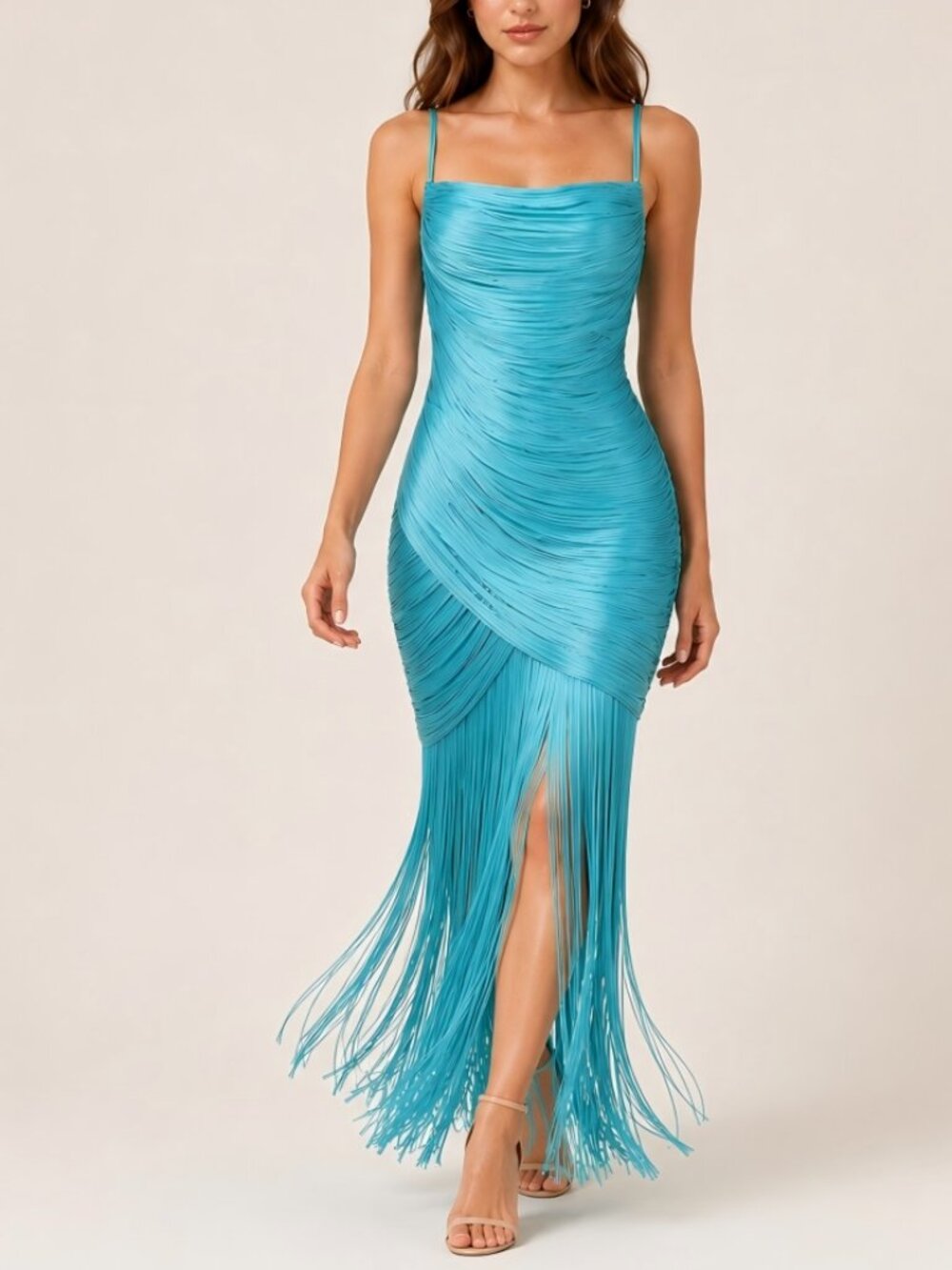 Stunning Aqua Blue Fringe Cami Bandage Maxi Dress